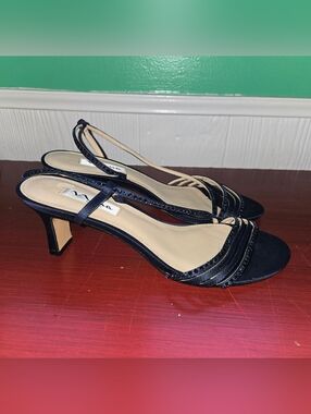 Nina New York Abbi Blue Satin Strap Asymmetrical Crystal Embellish Slingback 8.5